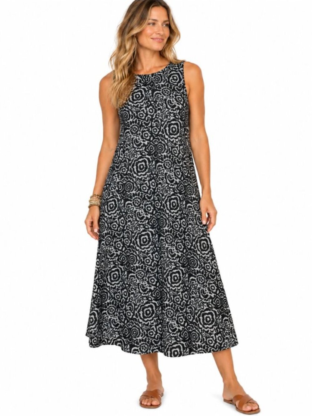 Ripskirt Hawaii Midi Sun Dress Size S Floral Black Gray Pockets Resort Beach EUC
